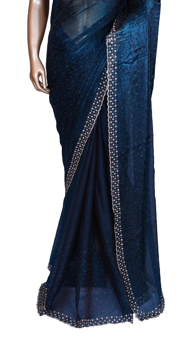 Navy blue soft metallic organza party wear saree with Swarovski border