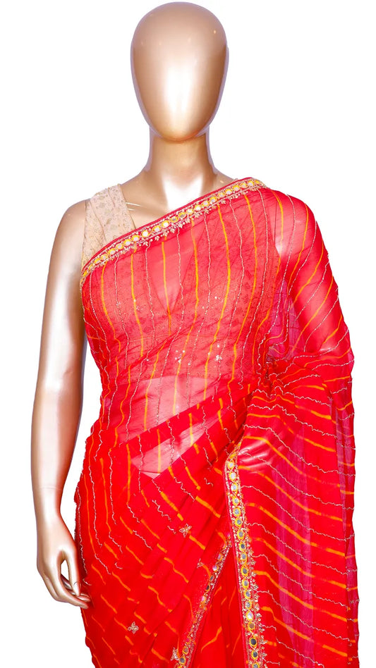 Red leheriya chiffon saree with hand mirror work and katdana