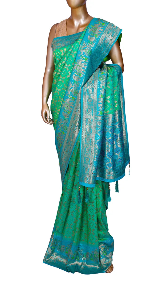 Green with Blue Contrast Silk Saree with Rajwadi and Bandhani weaves