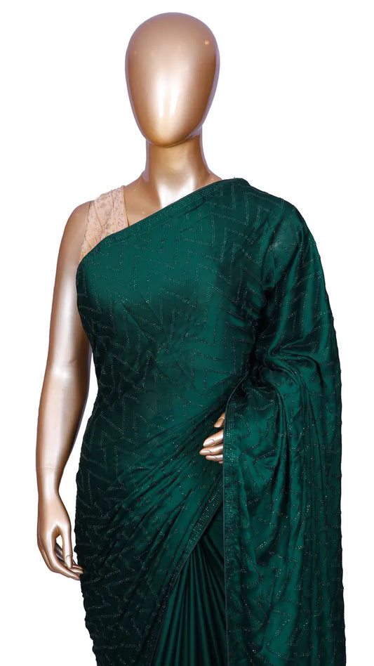 Bottle green satin saree with machine-pressed Swarovski crystal work