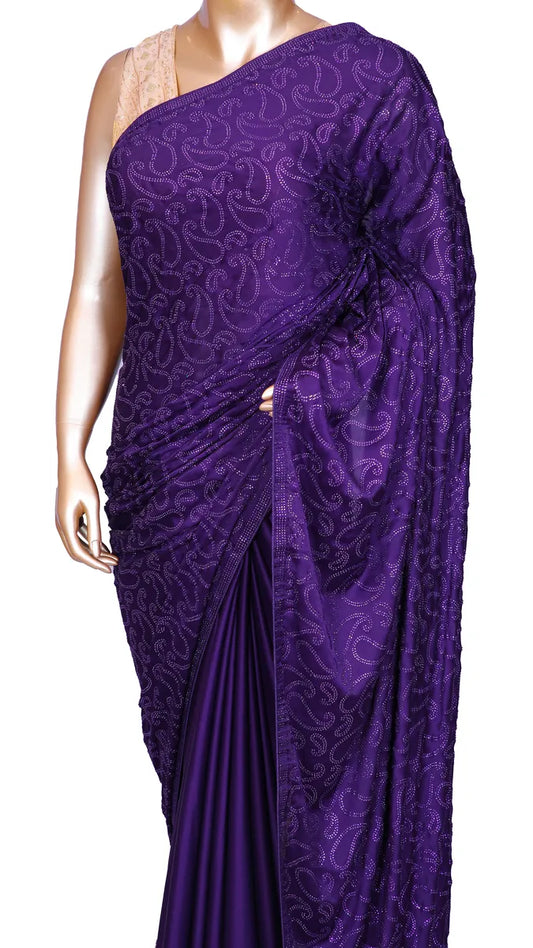 Purple satin saree with machine-pressed Swarovski crystal work