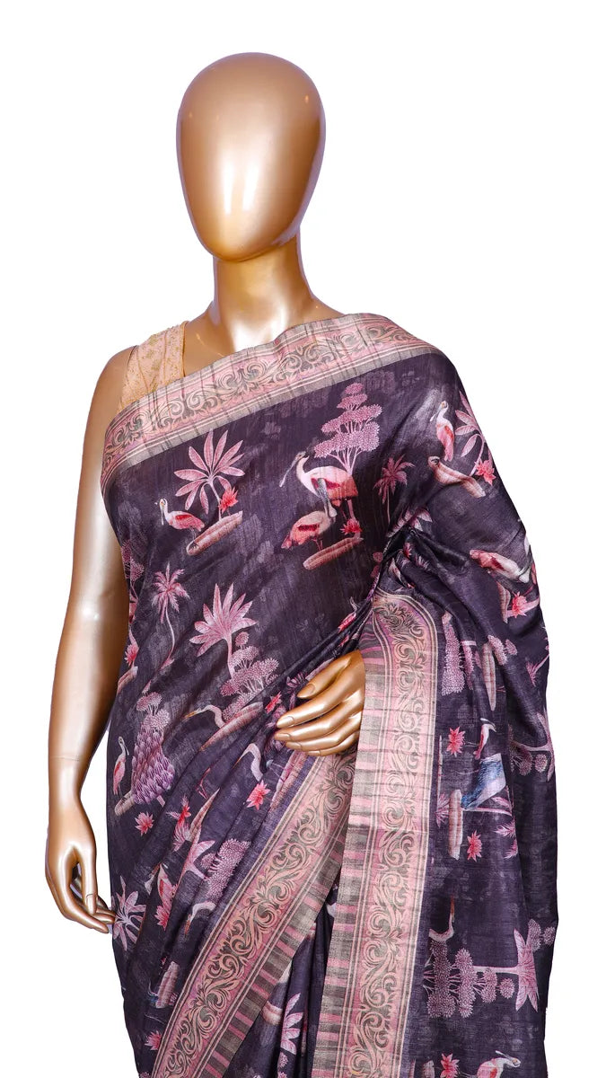 Black tussar blend saree with swan and floral prints