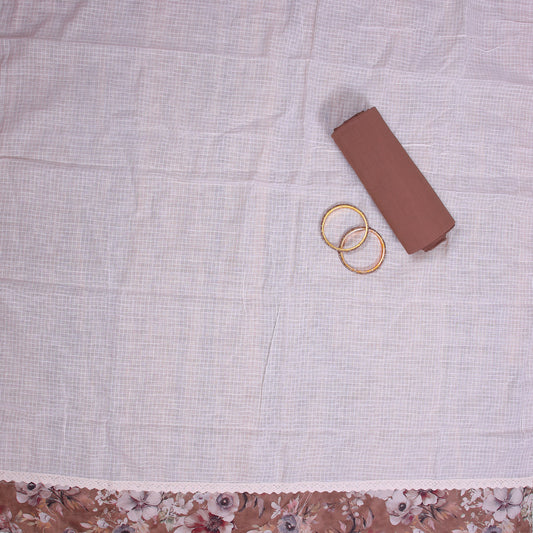 Brown cotton unstitched suit with floral print and lacework on neckline