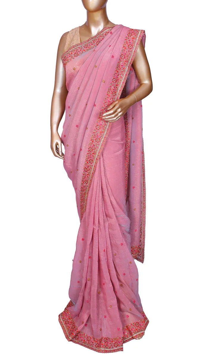 Pink crush tissue saree with Kashmiri embroidery borders
