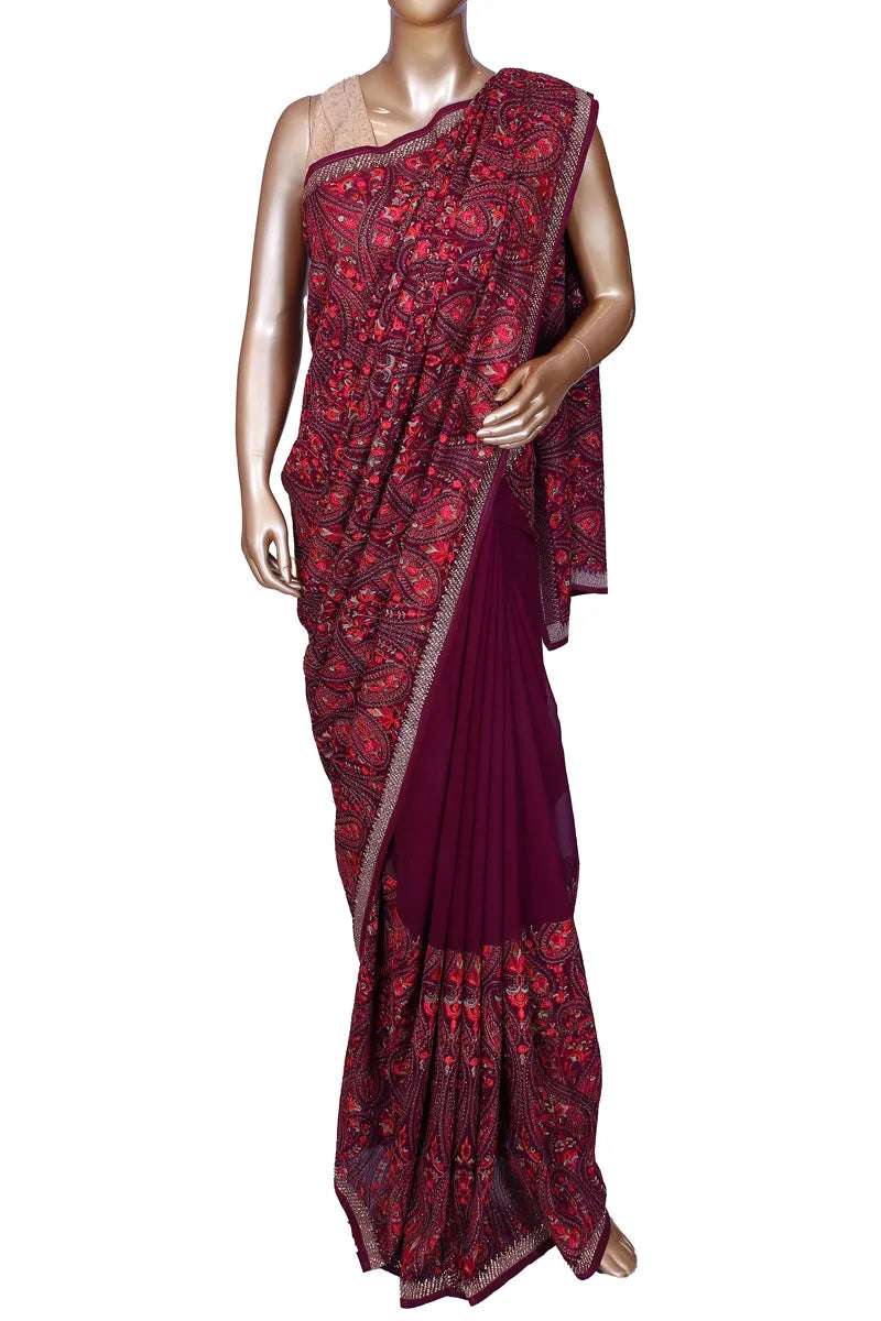 Wine Kashimiri Embroidery Saree