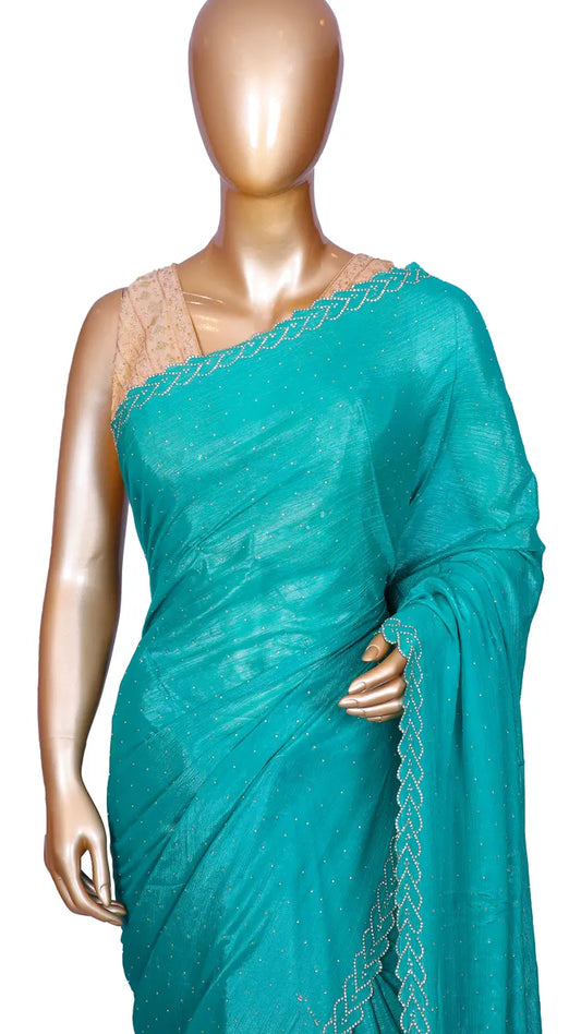 Rama green crepe chiffon party wear saree with Swarovski hearts border