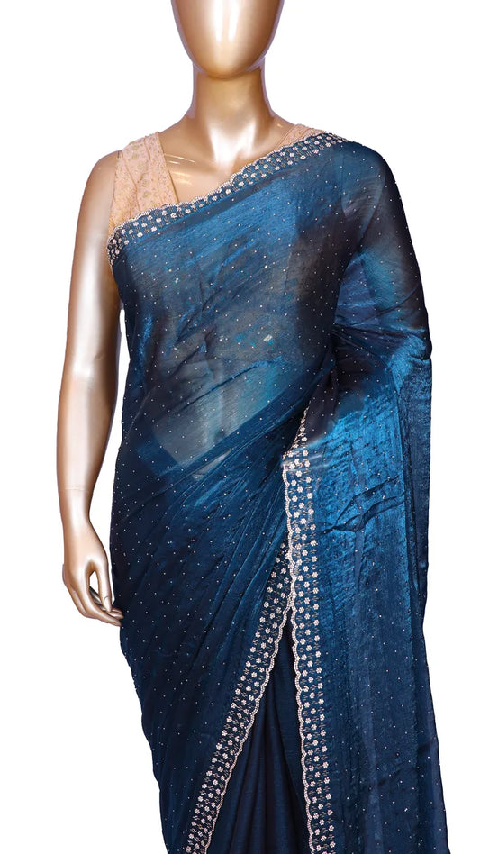 Navy blue soft metallic organza party wear saree with Swarovski border