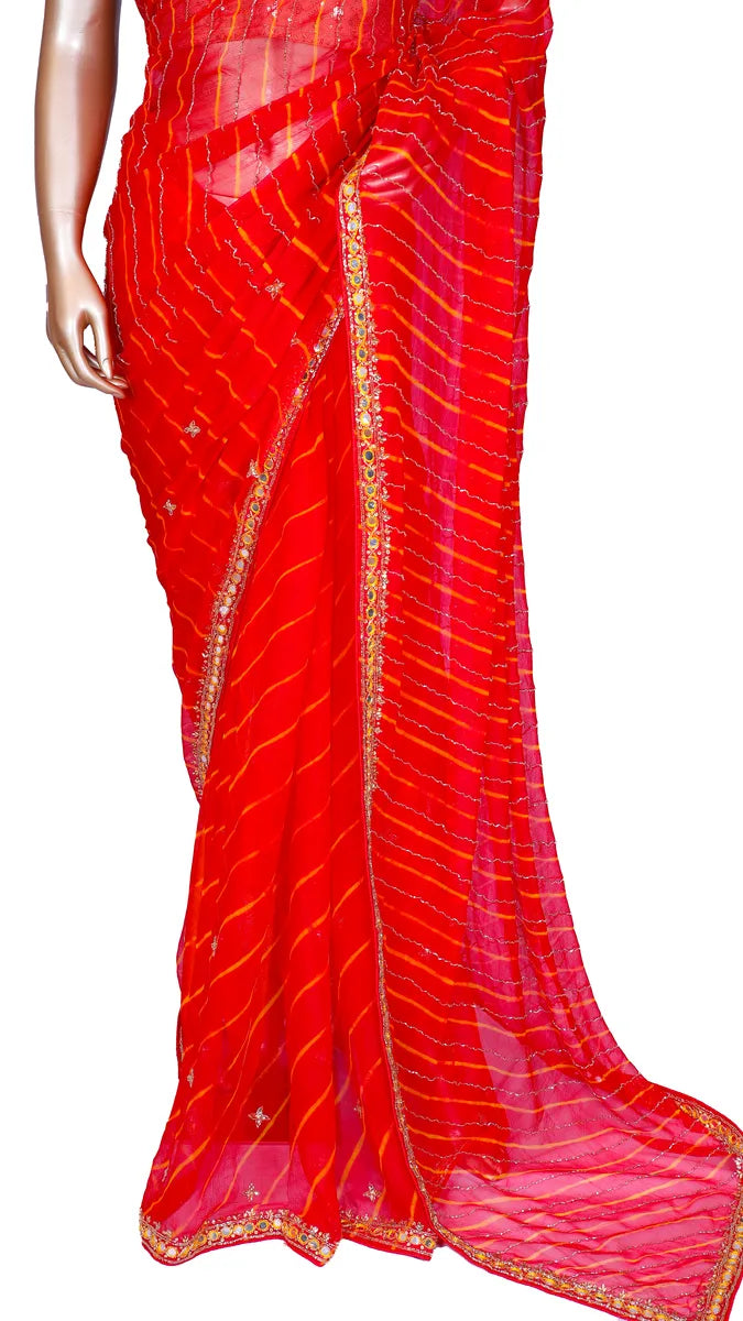 Red leheriya chiffon saree with hand mirror work and katdana