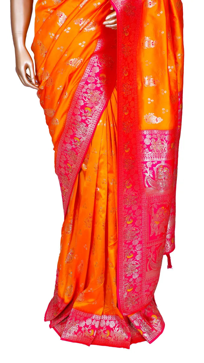 Sunset yellow Bangalore soft silk saree with Banarasi zari weaving and contrast border, pallu, and blouse