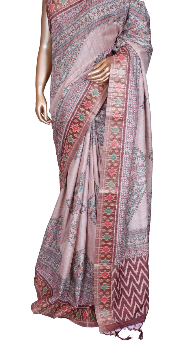 Beige tussar blend saree with Kalamkari prints and Patola border