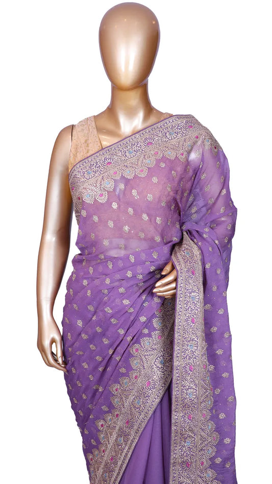 Lavender crepe chiffon saree with subtle zari embroidery