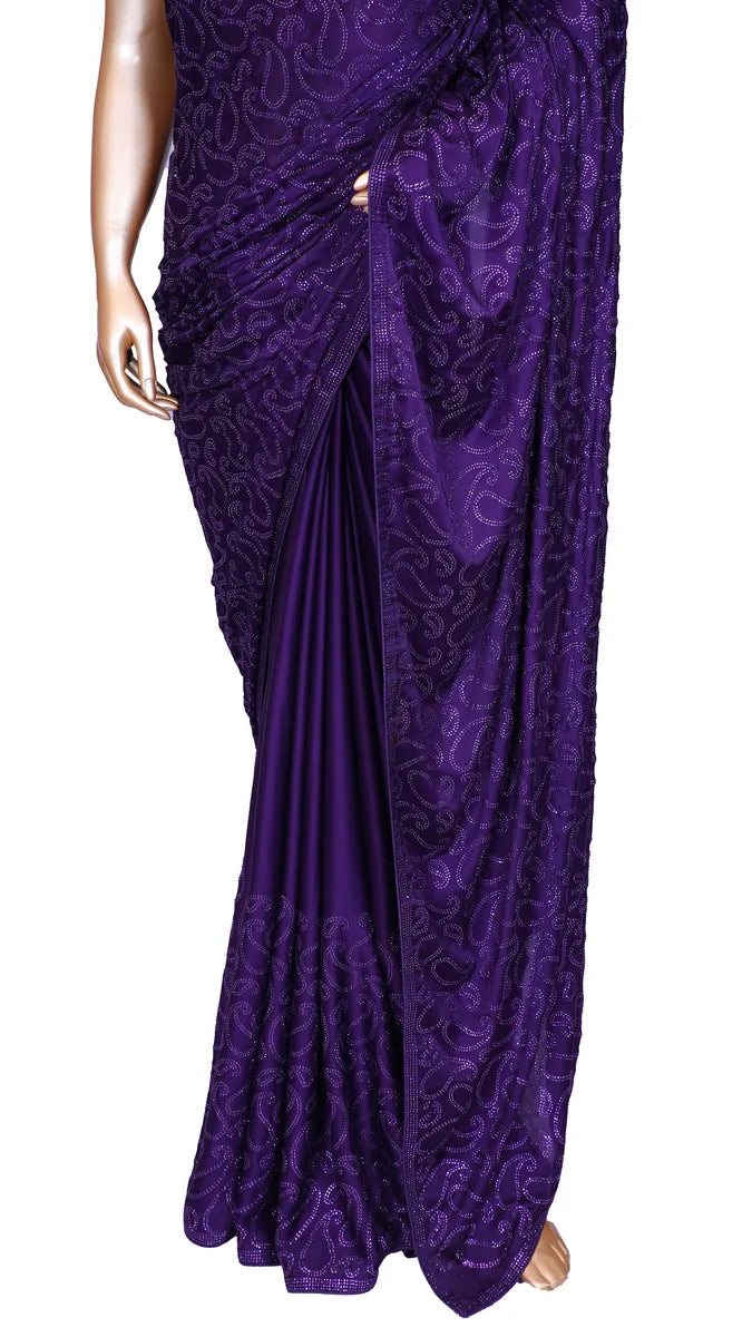 Purple satin saree with machine-pressed Swarovski crystal work