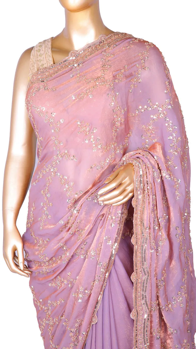 Lavender Beads Work Soft Fendi Fabric Saree