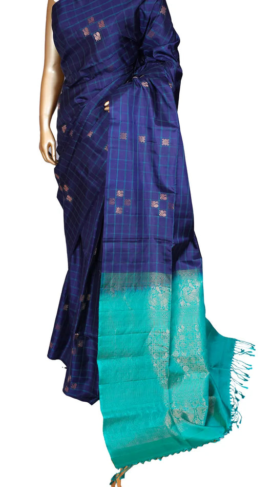 Navy blue pure silk saree with checks pattern and contrast Firozi pallu and blouse