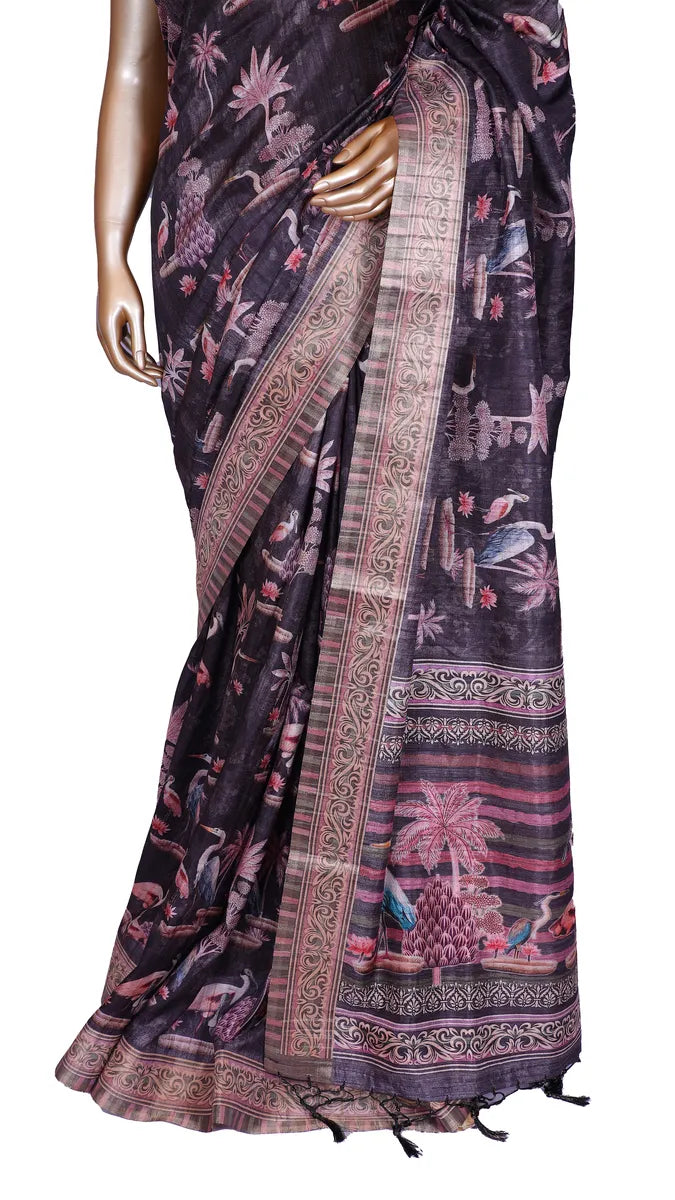 Black tussar blend saree with swan and floral prints