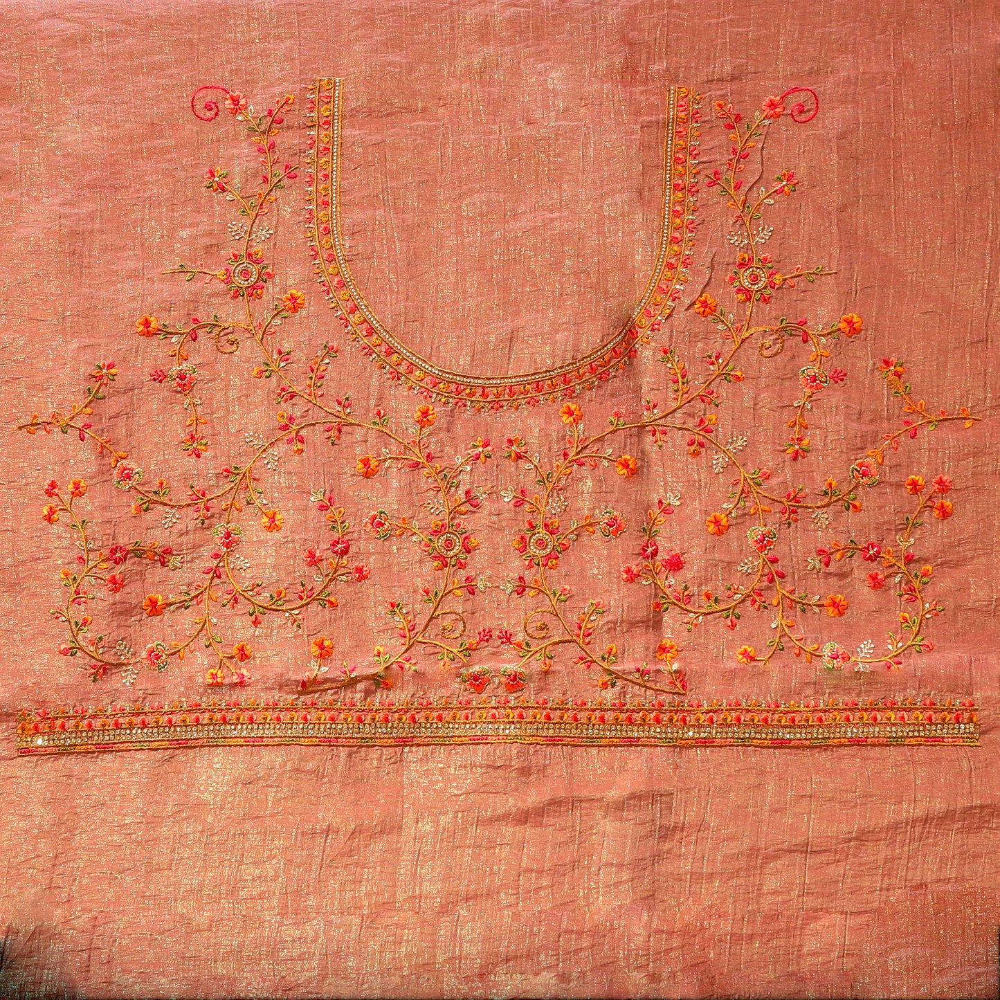 Pink crush tissue saree with Kashmiri embroidery borders
