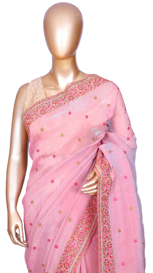 Pink crush tissue saree with Kashmiri embroidery borders