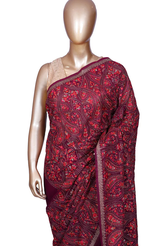 Wine Kashimiri Embroidery Saree