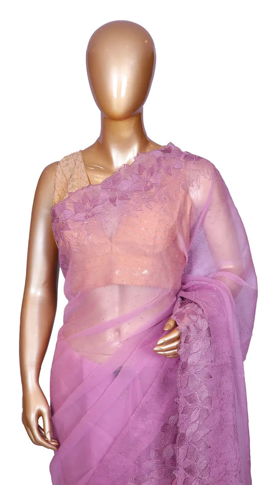 Lavender marble chiffon designer saree with self-thread embroidery and cutwork