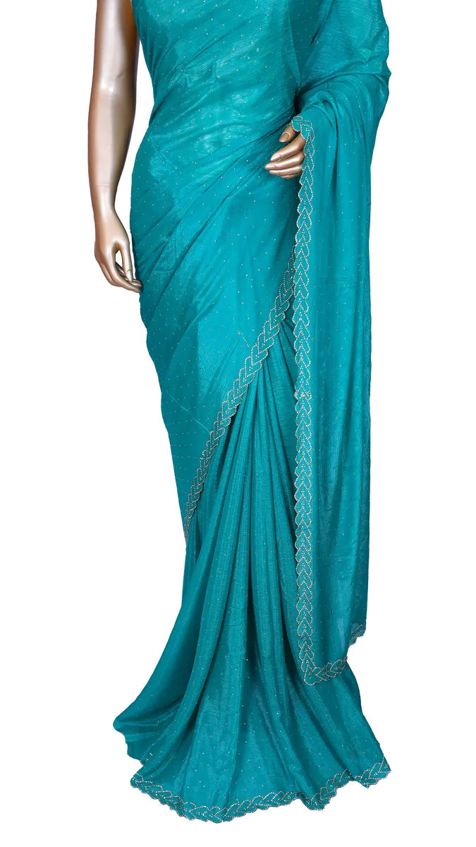 Rama green crepe chiffon party wear saree with Swarovski hearts border