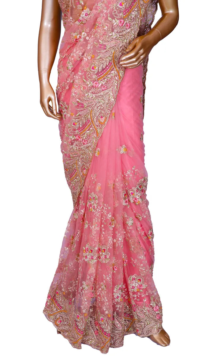 Pink Kashmiri Resham Net Saree with Stone highlights
