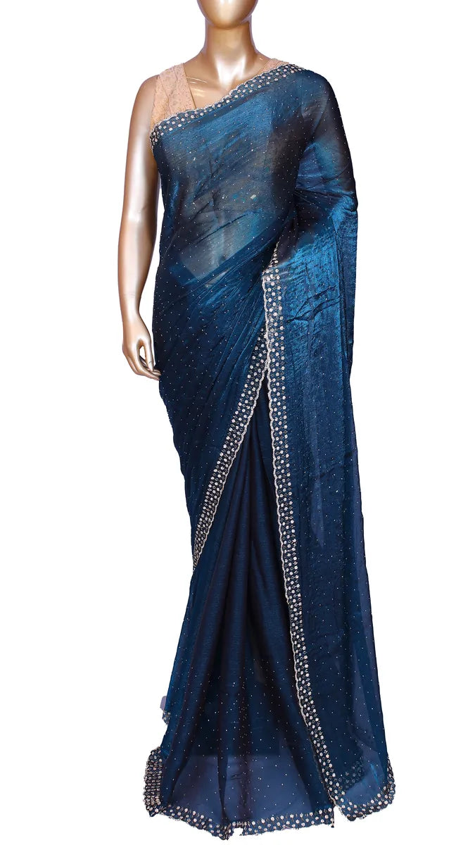 Navy blue soft metallic organza party wear saree with Swarovski border