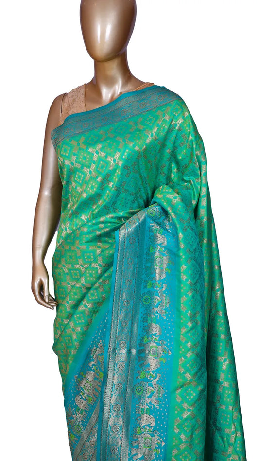 Green with Blue Contrast Silk Saree with Rajwadi and Bandhani weaves