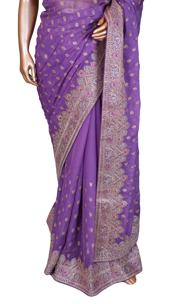 Lavender crepe chiffon saree with subtle zari embroidery