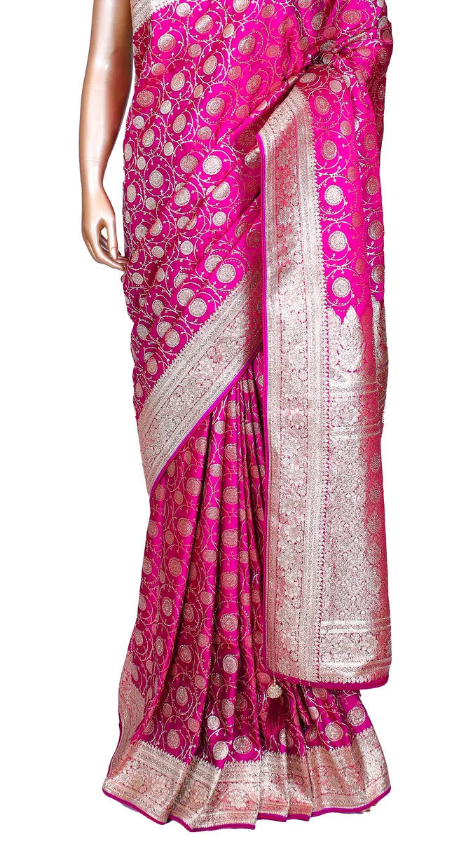 Magenta Pink Banarasi woven Silk Saree with Sworoski highlights