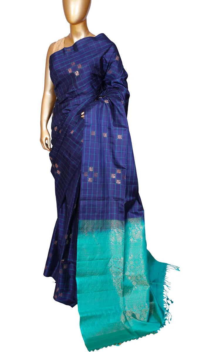 Navy blue pure silk saree with checks pattern and contrast Firozi pallu and blouse