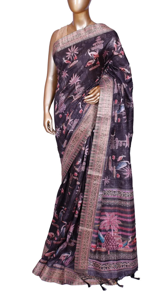 Black tussar blend saree with swan and floral prints