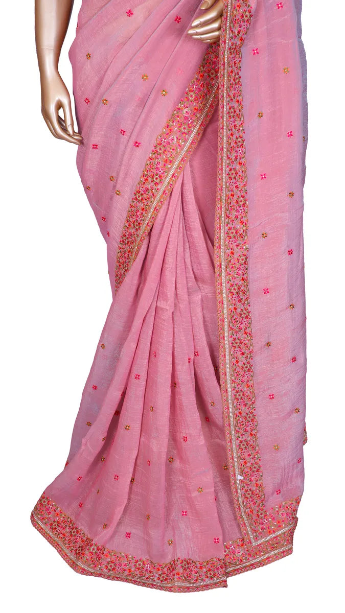 Pink crush tissue saree with Kashmiri embroidery borders