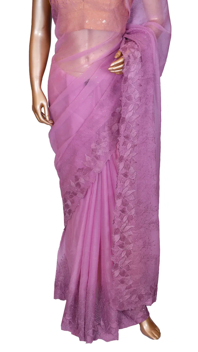 Lavender marble chiffon designer saree with self-thread embroidery and cutwork