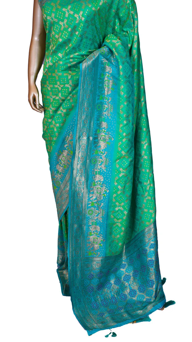 Green with Blue Contrast Silk Saree with Rajwadi and Bandhani weaves
