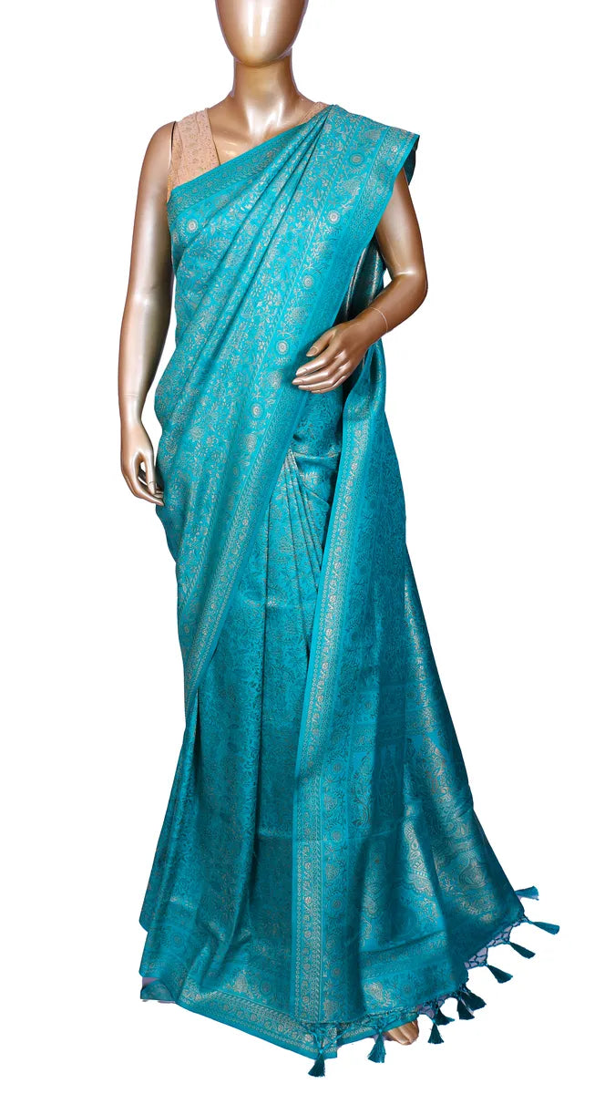 Firozi blue Bangalore soft silk saree with zari weaving