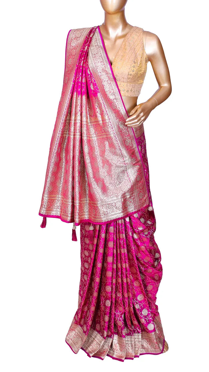 Magenta Pink Banarasi woven Silk Saree with Sworoski highlights