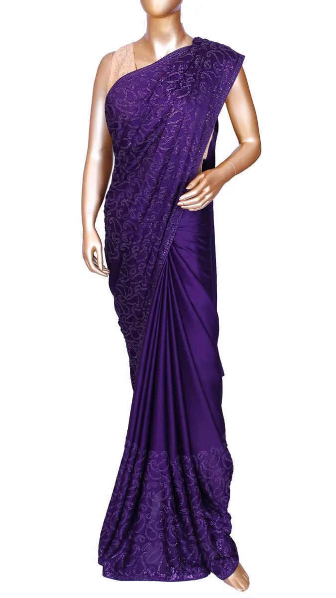 Purple satin saree with machine-pressed Swarovski crystal work
