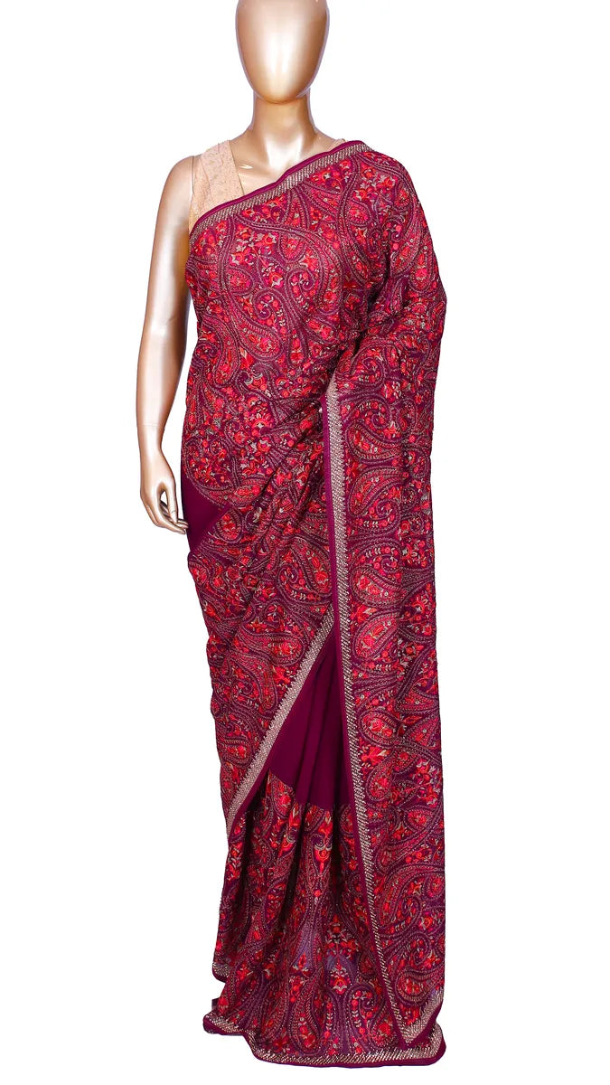 Wine Kashimiri Embroidery Saree