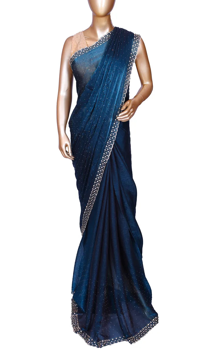 Navy blue soft metallic organza party wear saree with Swarovski border