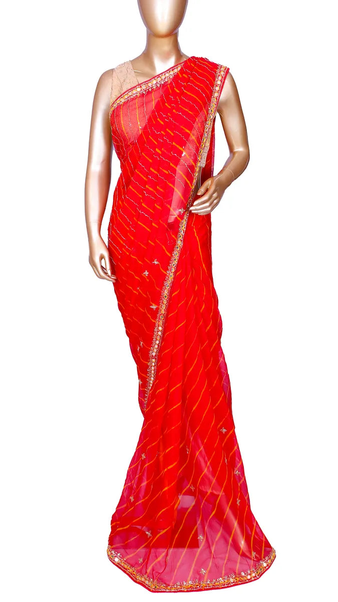 Red leheriya chiffon saree with hand mirror work and katdana