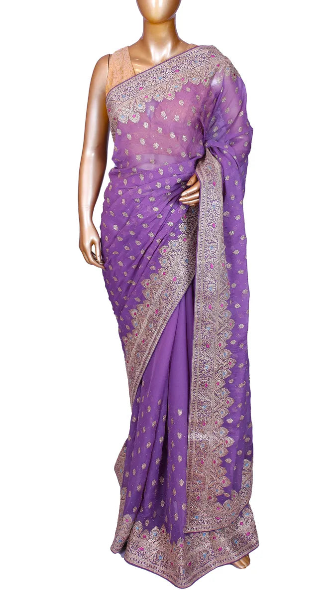 Lavender crepe chiffon saree with subtle zari embroidery