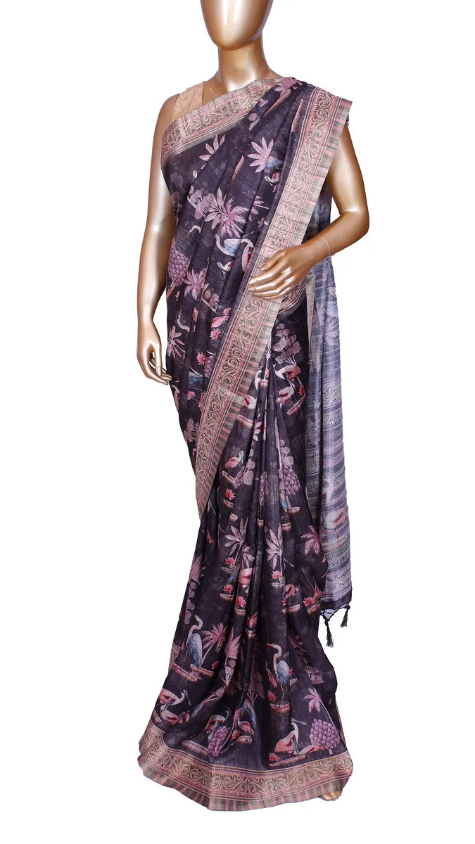 Black tussar blend saree with swan and floral prints