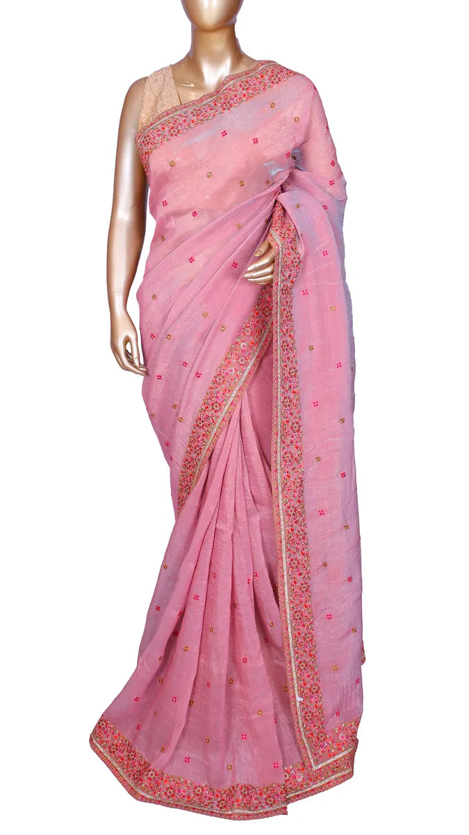 Pink crush tissue saree with Kashmiri embroidery borders