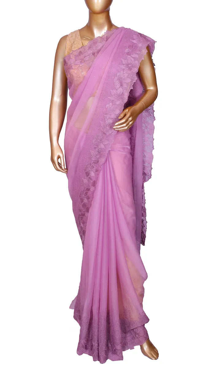 Lavender marble chiffon designer saree with self-thread embroidery and cutwork