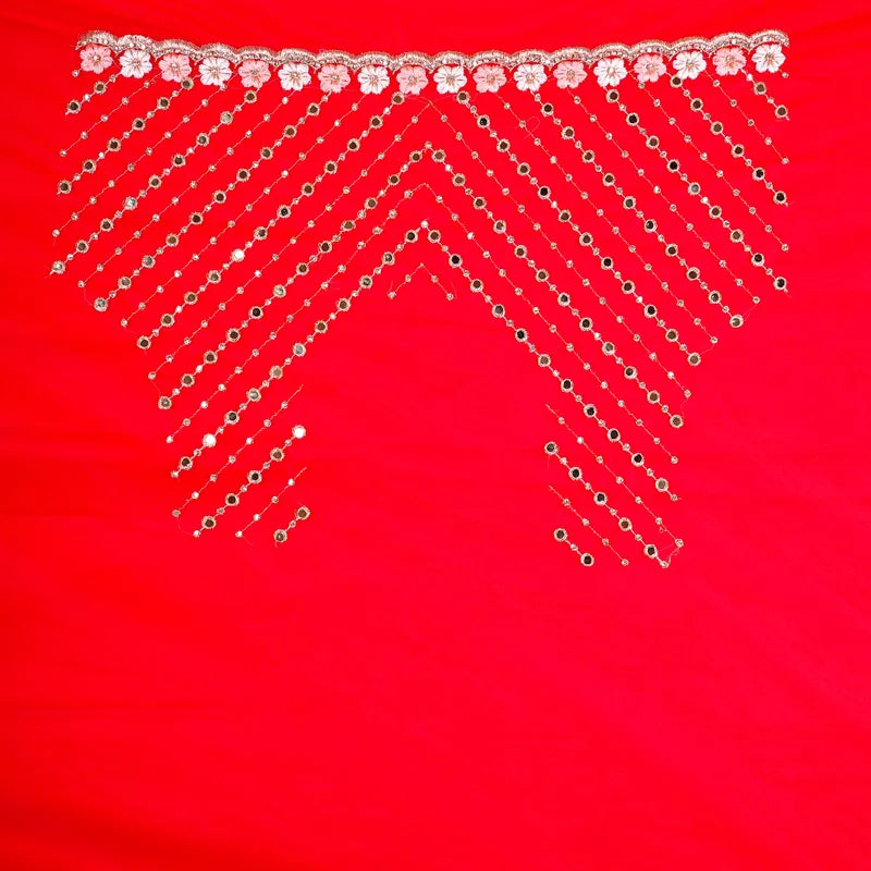 Red soft net saree with fancy embroidery and mirror work