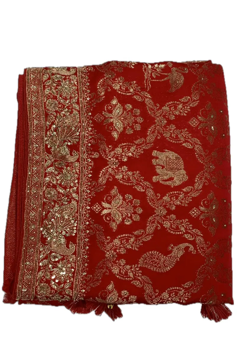 Luxury Red Banarasi Silk Bridal Saree with Hand Embroidery, Peacock Border & Gold Zari Weaving