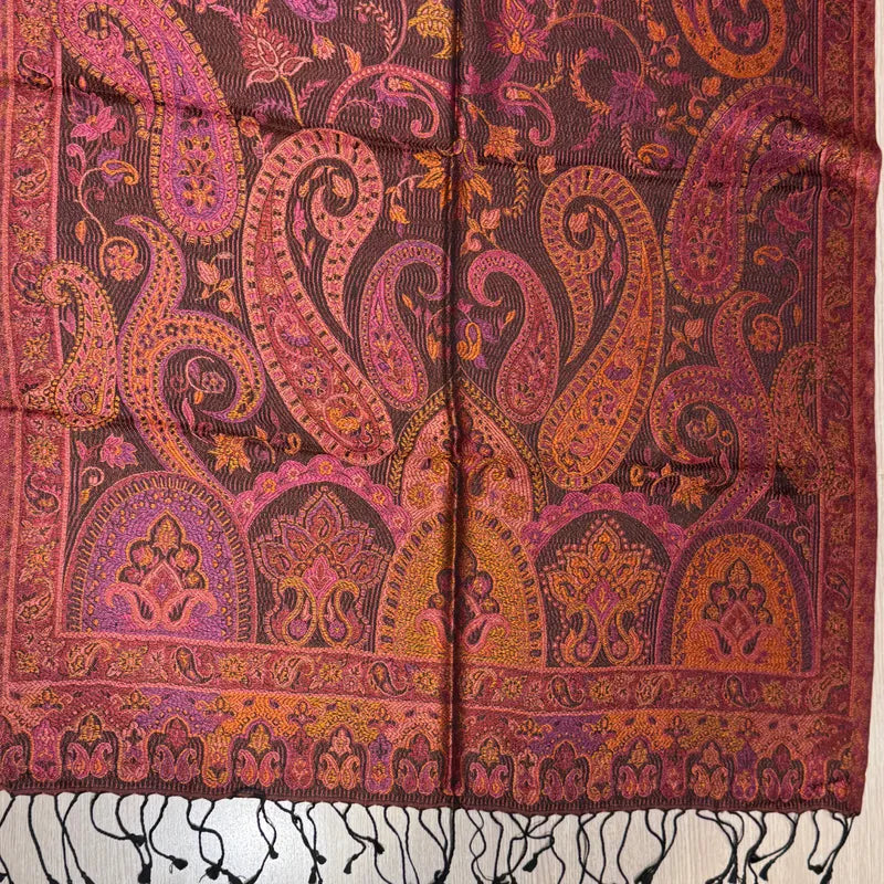 100% PURE SILK BLACK WITH PINK ORANGE CONTRAST SCARF - REVERSIBLE