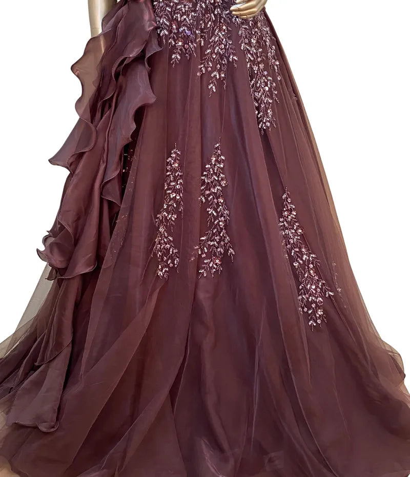 COPPER WINE A-LINE NET GOWN WITH BEADS WORK AND CRYSTAL EMBELLISHMENT