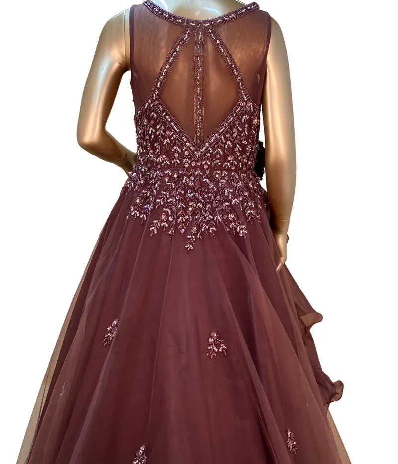 COPPER WINE A-LINE NET GOWN WITH BEADS WORK AND CRYSTAL EMBELLISHMENT