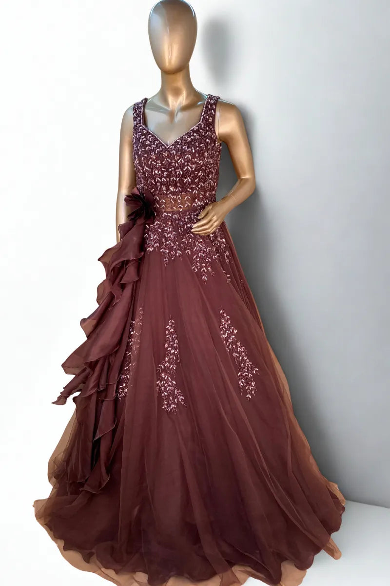 COPPER WINE A-LINE NET GOWN WITH BEADS WORK AND CRYSTAL EMBELLISHMENT